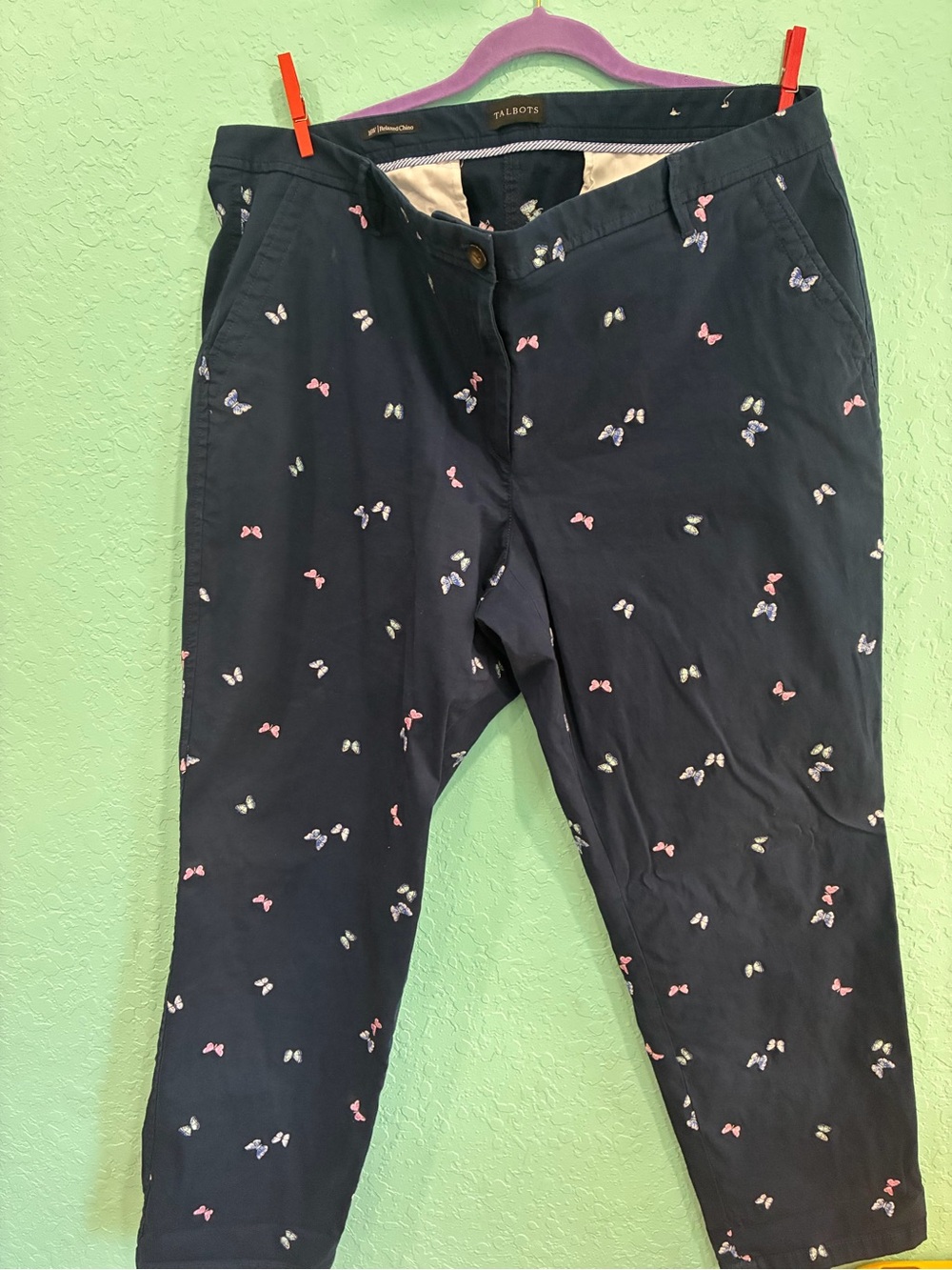 Talbots Navy relaxed Chino Pants with Pastel Butterfly Embroidery 16W Y2K